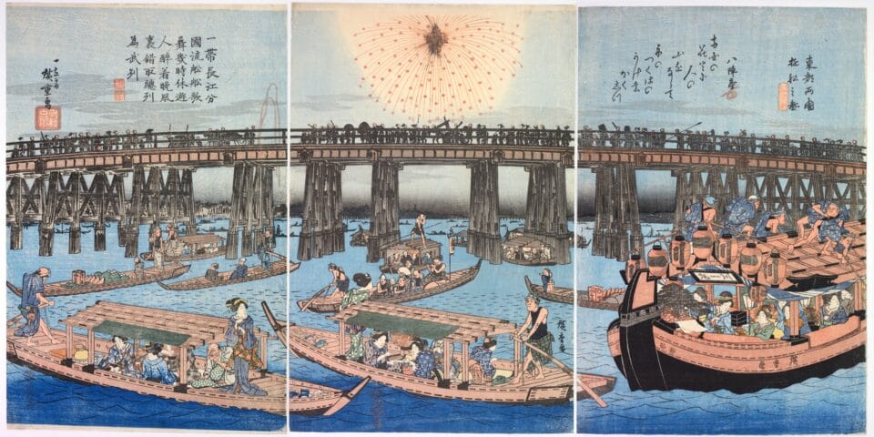 a triptych of three color woodblock prints depicting a number of boats in a marina or bay near a bridge