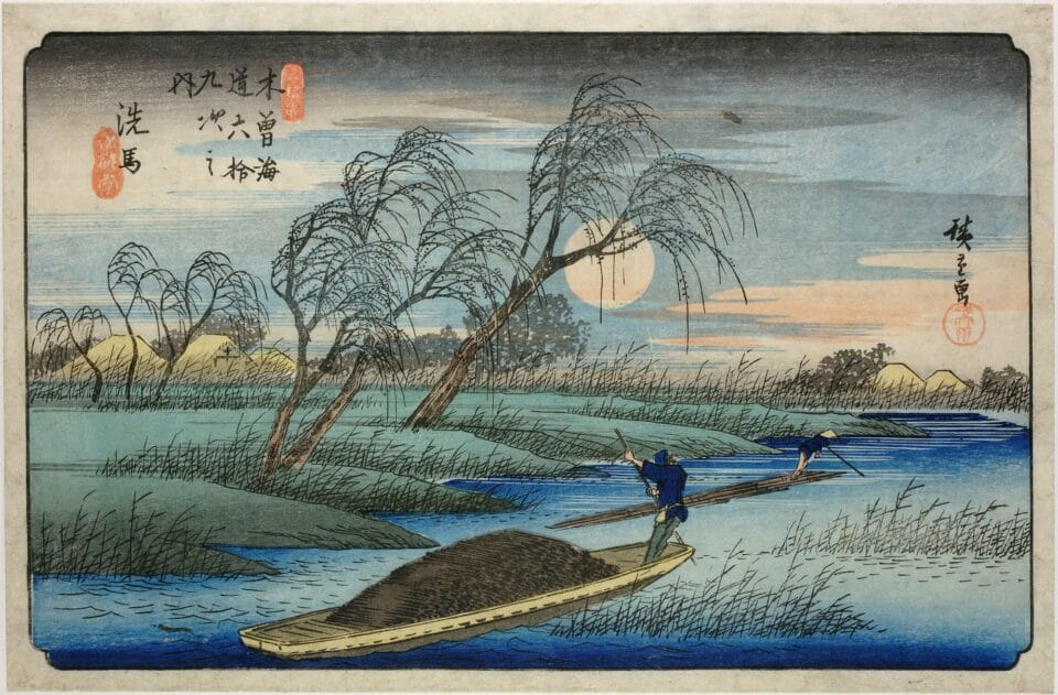 a color woodblock print of a river with a figure on a narrow boat, floating alongside trees