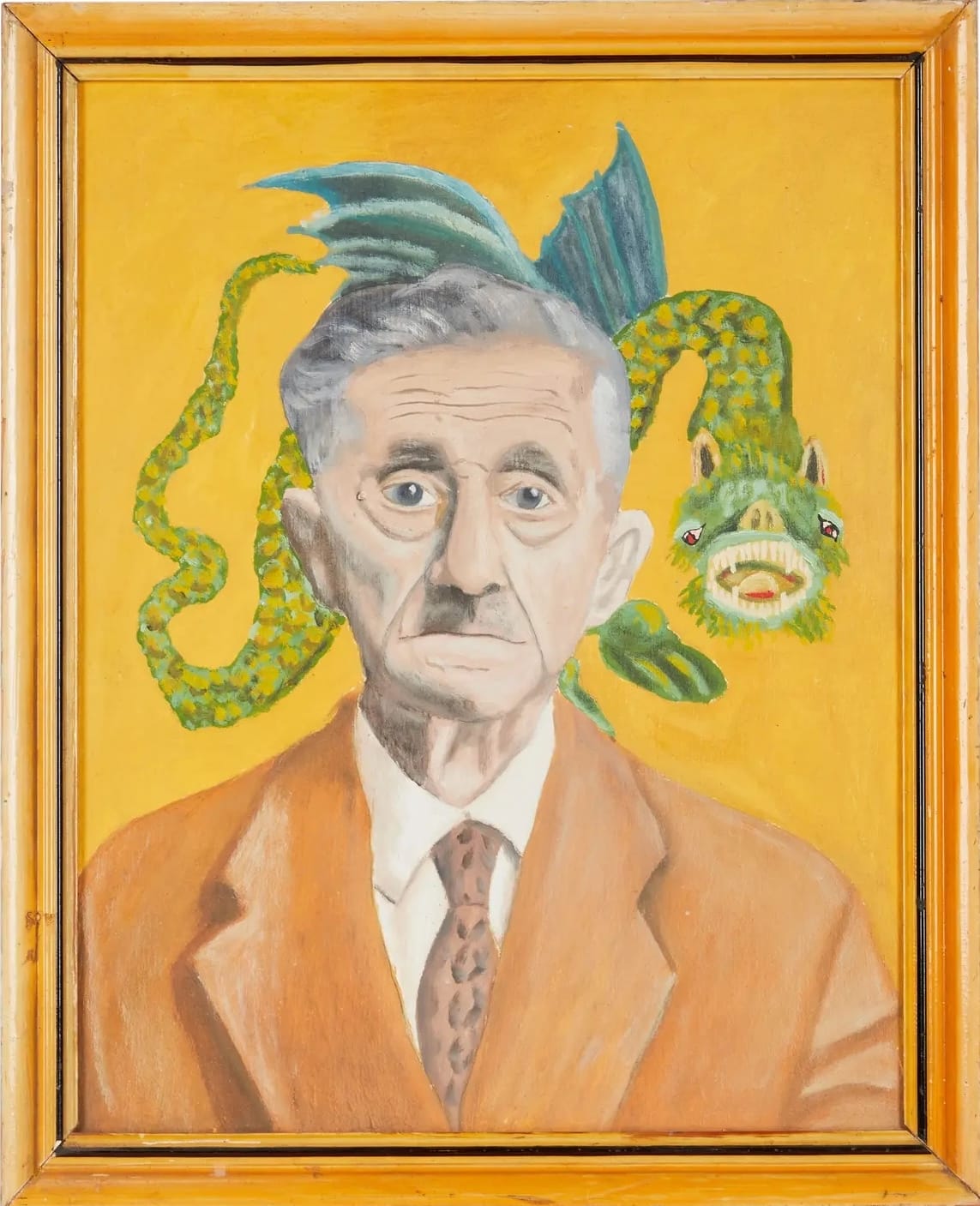 a surrealist painting of a gray-haired man with a dragon behind him against a yellow background
