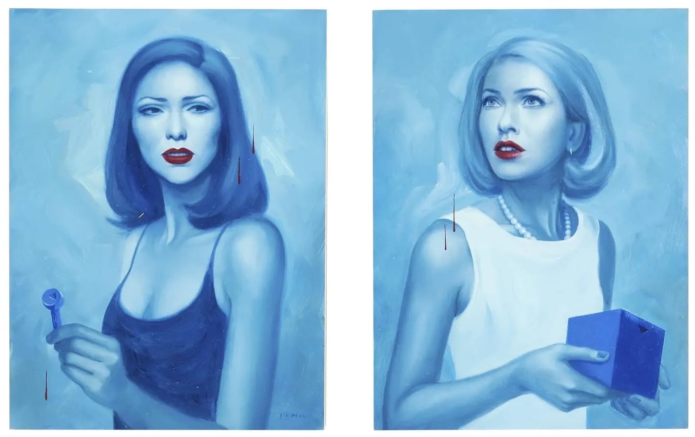 two blue portraits of Naomi Watts and Laura Harring as their characters in the film 'Mulholland Drive'